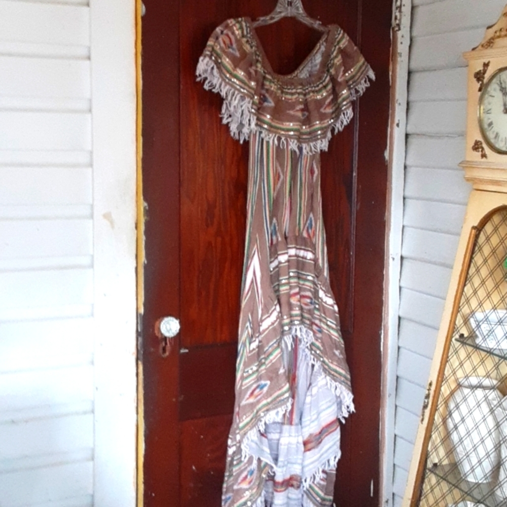 Martina by St. Barth high/low off shoulder dress sz small w/fringe cotton RARE